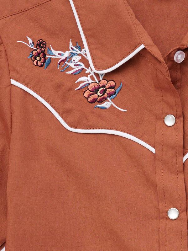 Ely Cattleman Girl's Ely Cattleman Solid Rust Western Snap Shirt With Floral Embroidery