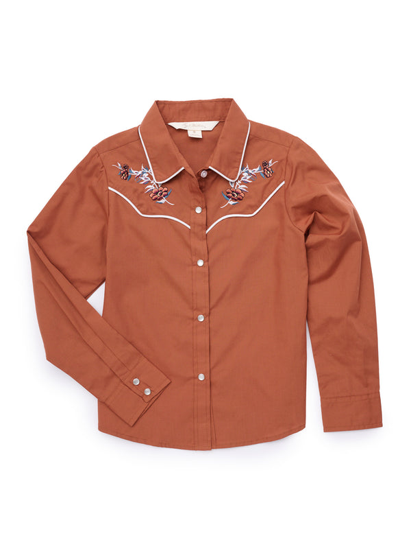 ely cattleman Girl's Ely Cattleman Solid Rust Western Snap Shirt with Floral Embroidery
