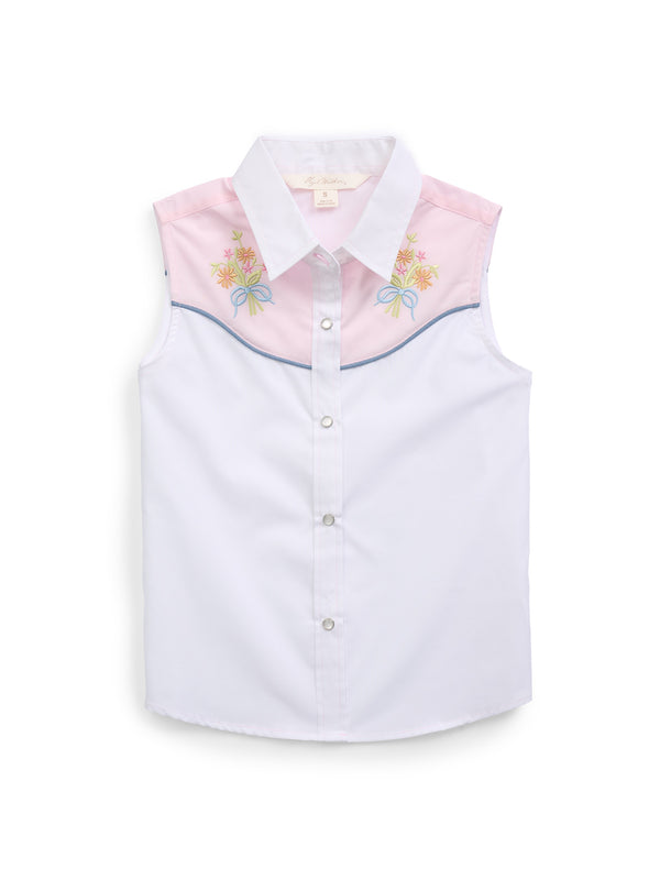ely cattleman Girl's Ely White Solid with Floral Embroidery Sleeveless Shirt