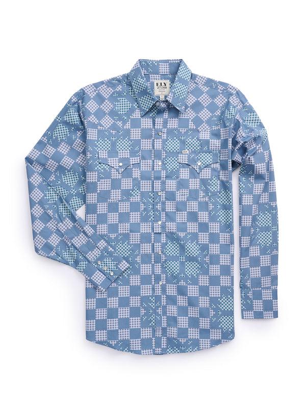 ely cattleman Men's Ely Cattleman Long Sleeve Checkered Patchwork Print Western Snap Shirt - Denim Blue