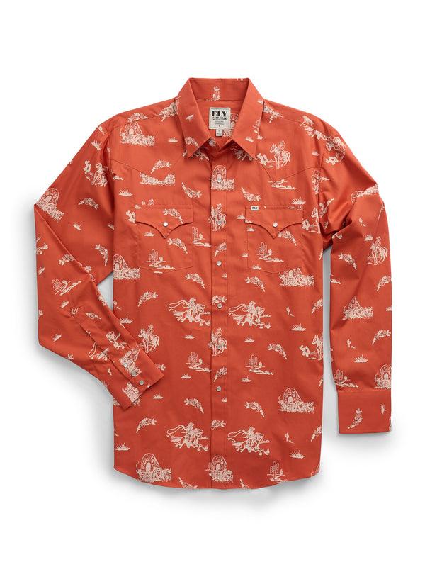 ely cattleman Men's Ely Cattleman Long Sleeve Cowboy Print Western Snap Shirt- Spice