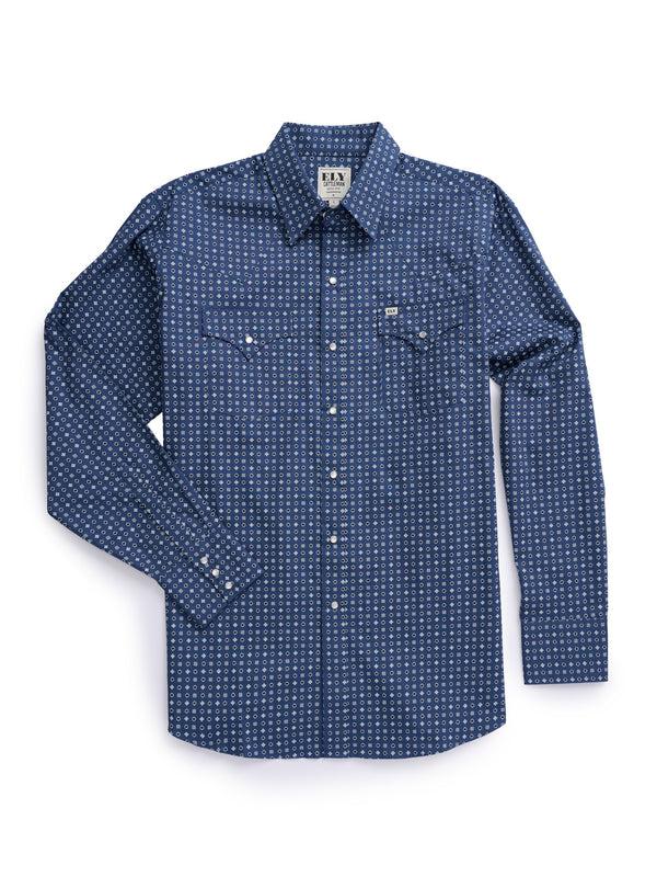 ely cattleman Men's Ely Cattleman Long Sleeve Geo Print Western Snap Shirt- Navy
