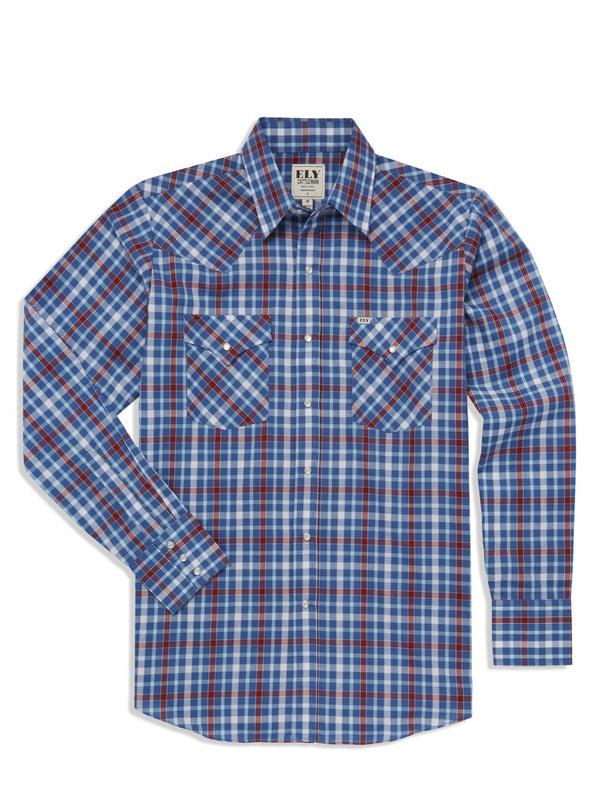Ely Cattleman Men's Ely Cattleman Long Sleeve Heritage Plaid Western Snap Shirt- Blue & White