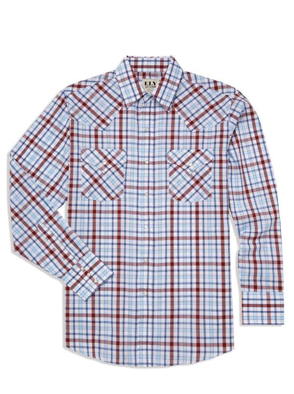 ely cattleman Men's Ely Cattleman Long Sleeve Heritage Plaid Western Snap Shirt- Blue & White