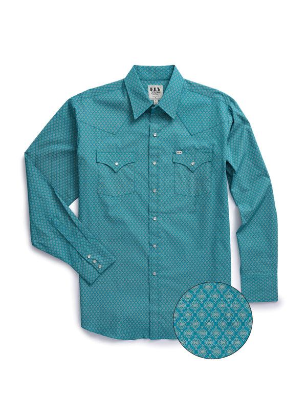 ely cattleman Men's Ely Cattleman Long Sleeve Medallion Print Western Snap Shirt- Teal & Khaki