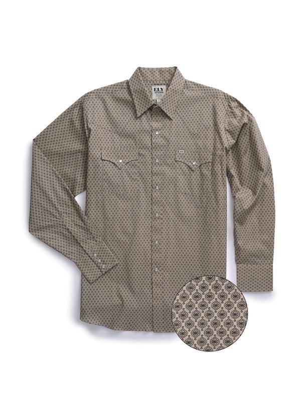 Ely Cattleman Men's Ely Cattleman Long Sleeve Medallion Print Western Snap Shirt- Teal & Khaki
