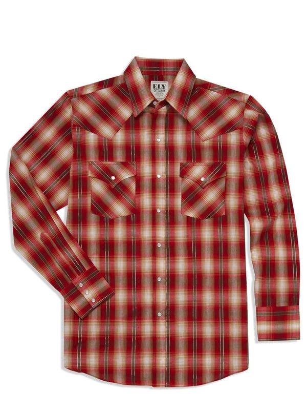 Ely Cattleman Men's Ely Cattleman Long Sleeve Metallic Thread Plaid Western Snap Shirt- Red & Turquoise