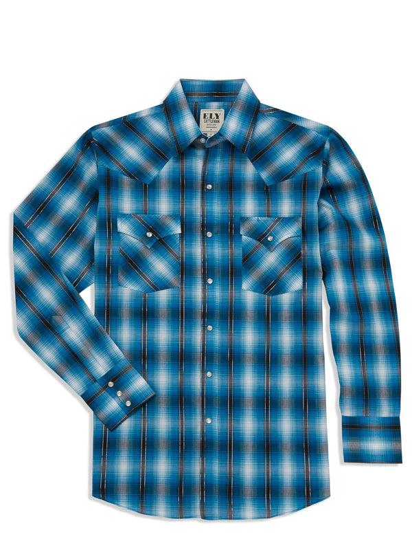 ely cattleman Men's Ely Cattleman Long Sleeve Metallic Thread Plaid Western Snap Shirt- Red & Turquoise