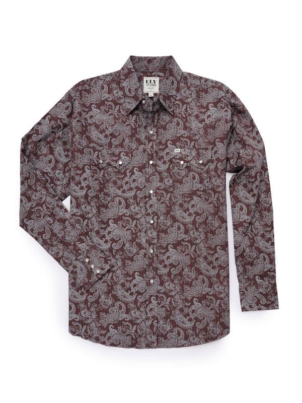 Ely Cattleman Men's Ely Cattleman Long Sleeve Paisley Print Western Snap Shirt - Denim Blue & Burgundy
