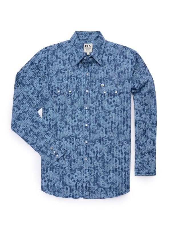 ely cattleman Men's Ely Cattleman Long Sleeve Paisley Print Western Snap Shirt - Denim Blue & Burgundy