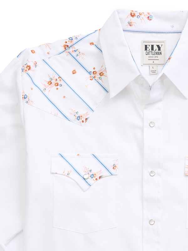 Ely Cattleman Men's Ely Cattleman Long Sleeve Solid Floral Stripe Print Western Snap Shirt -White
