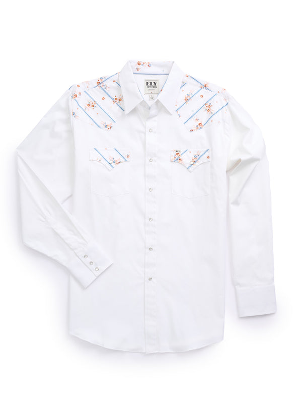 ely cattleman Men's Ely Cattleman Long Sleeve Solid Floral Stripe Print Western Snap Shirt -White