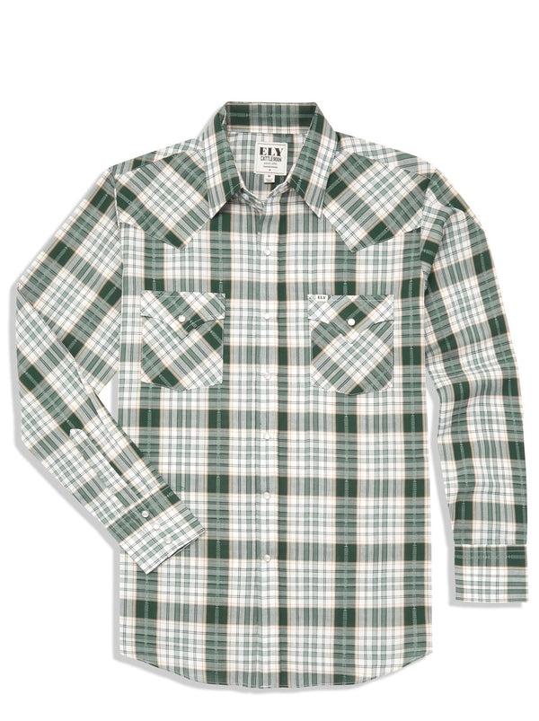 ely cattleman Men's Ely Cattleman Long Sleeve Textured Aztec Plaid Western Snap Shirt-Black & Hunter Green