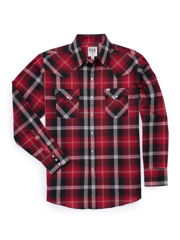 ely cattleman Men's Ely Cattleman Long Sleeve Textured Plaid Western Snap Shirt- Black Cherry & Blue
