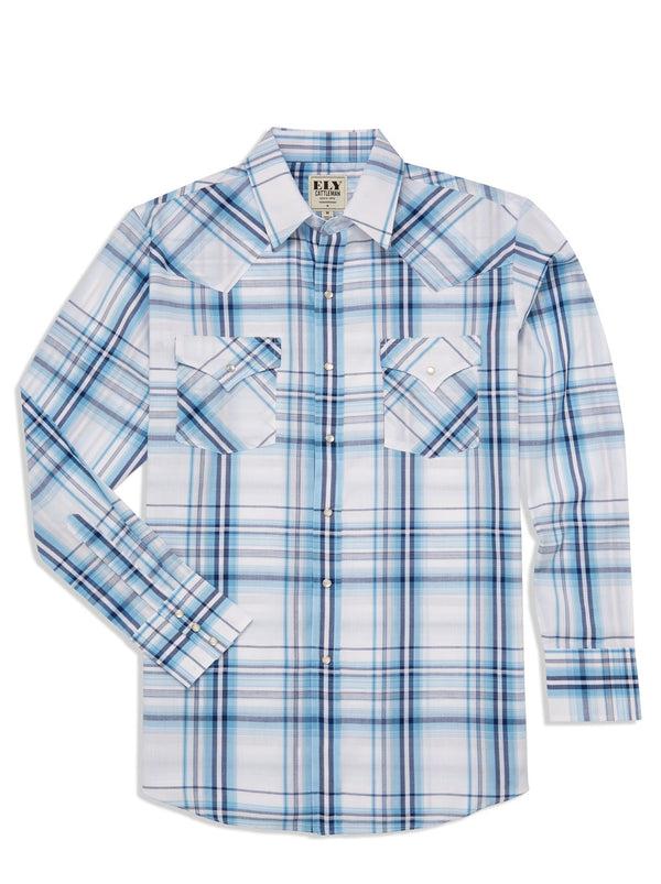 Ely Cattleman Men's Ely Cattleman Long Sleeve Textured Plaid Western Snap Shirt - Khaki & White