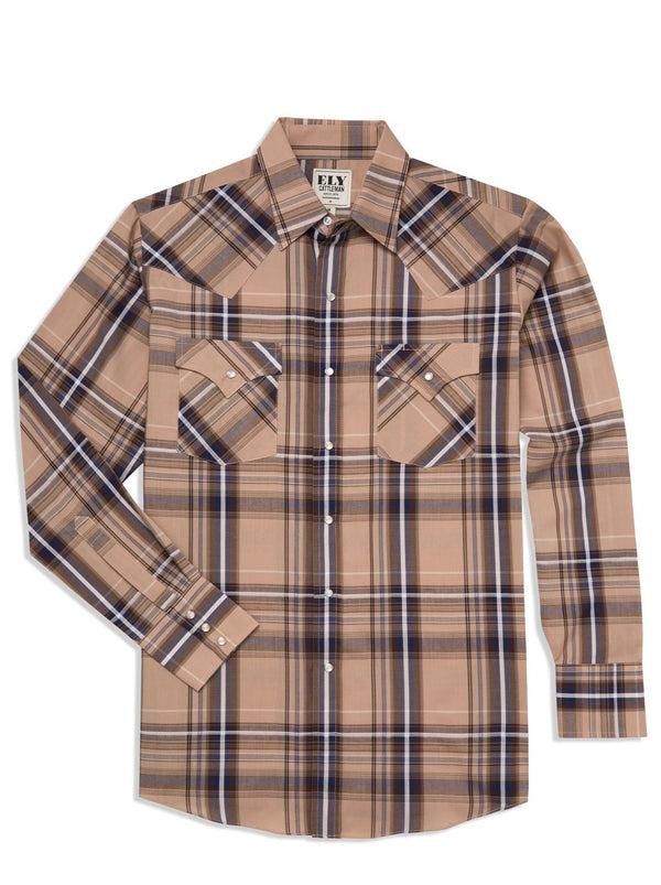 ely cattleman Men's Ely Cattleman Long Sleeve Textured Plaid Western Snap Shirt - Khaki & White