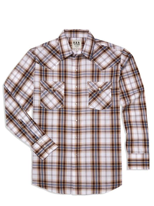 Ely Cattleman Men's Ely Cattleman Long Sleeve Textured Plaid Western Snap Shirt- Blue & Brown