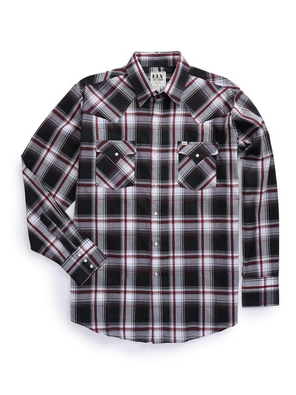 Ely Cattleman Men's Ely Cattleman Long Sleeve Textured Plaid Western Snap Shirt- White & Black