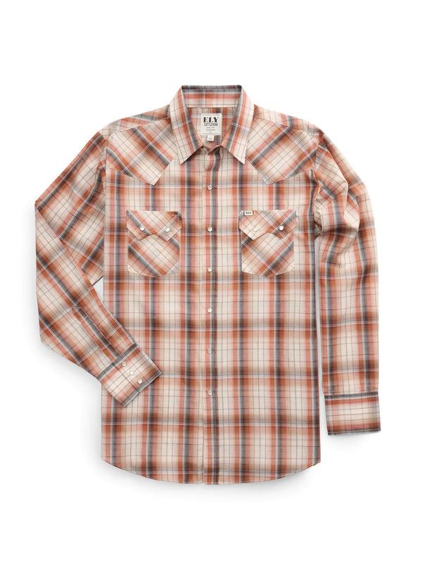 ely cattleman Men's Ely Cattleman Long Sleeve Textured Plaid Western Snap Shirt- Rust & Blue