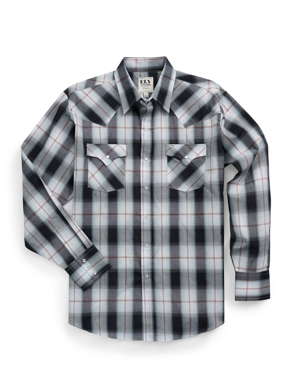 ely cattleman Men's Ely Cattleman Long Sleeve Textured Plaid Western Snap Shirt- Black & Navy