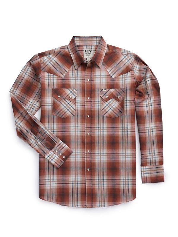 ely cattleman Men's Ely Cattleman Long Sleeve Textured Plaid Western Snap Shirt- Rust & Navy