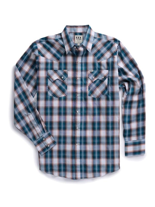 Ely Cattleman Men's Ely Cattleman Long Sleeve Textured Plaid Western Snap Shirt- Teal & Khaki