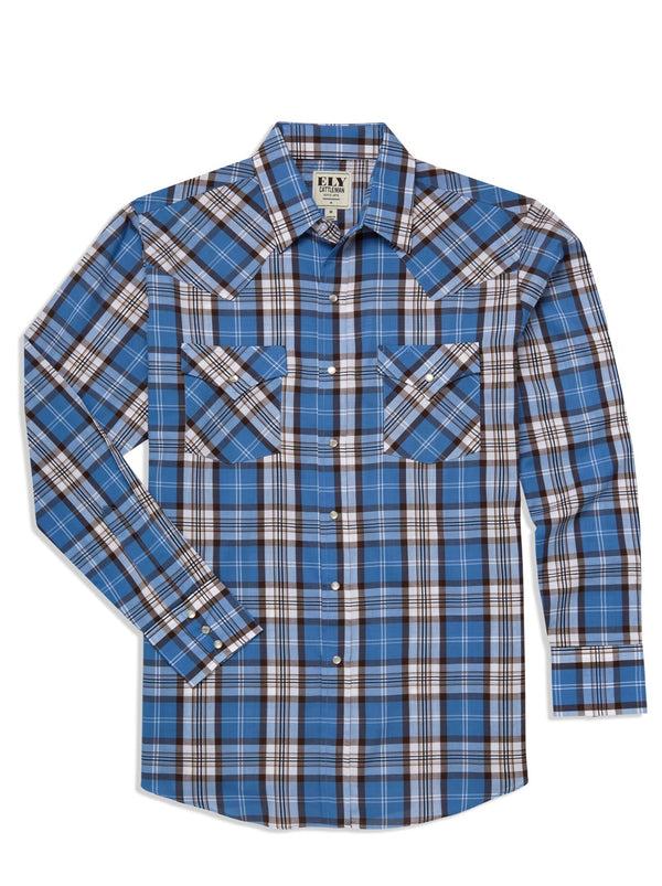 ely cattleman Men's Ely Cattleman Long Sleeve Textured Plaid Western Snap Shirt- Blue & Brown