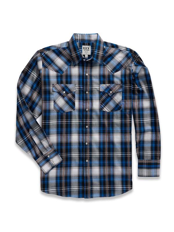 ely cattleman Men's Ely Cattleman Long Sleeve Textured Plaid Western Snap Shirt- Blue & Burgundy