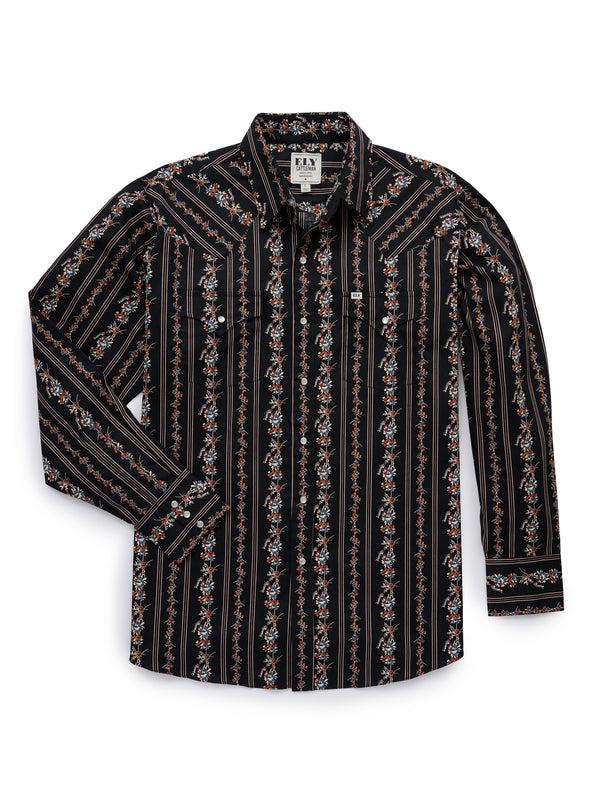 Ely Cattleman Men's Ely Cattleman Long Sleeve Wallpaper Floral Stripe Western Snap Shirt - Ecru & Black