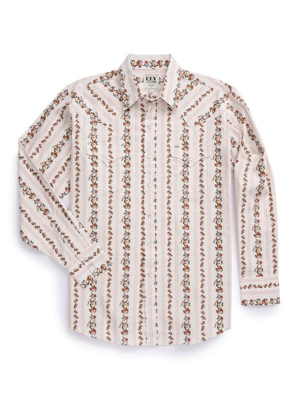 ely cattleman Men's Ely Cattleman Long Sleeve Wallpaper Floral Stripe Western Snap Shirt - Ecru & Black