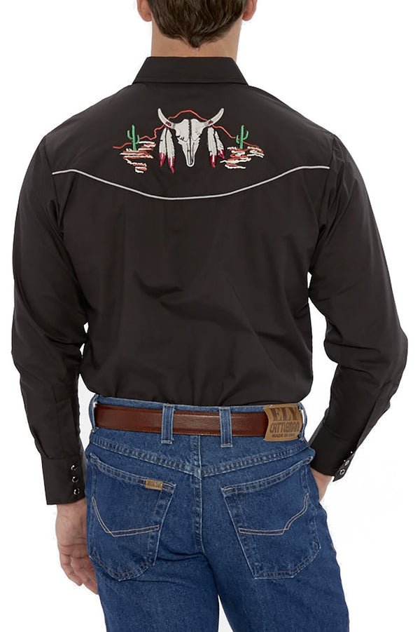 Ely Cattleman Men's Ely Cattleman Long Sleeve Western Snap Shirt With Cow Skull Embroidery