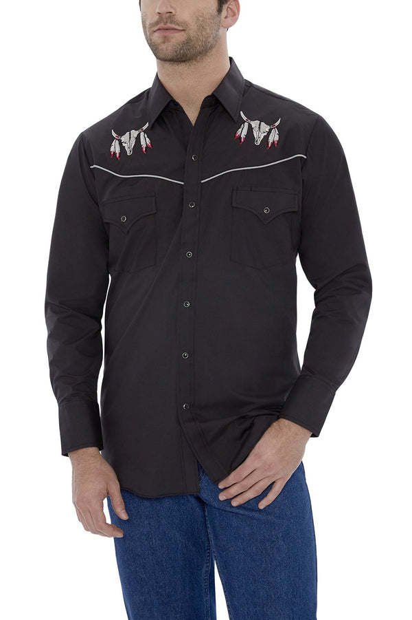 Ely Cattleman Men's Ely Cattleman Long Sleeve Western Snap Shirt With Cow Skull Embroidery