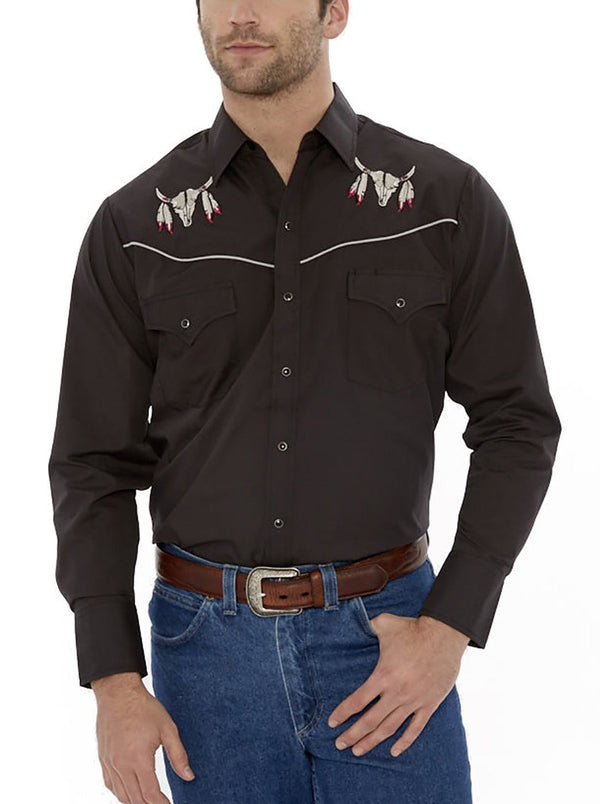 ely cattleman Men's Ely Cattleman Long Sleeve Western Snap Shirt with Cow Skull Embroidery