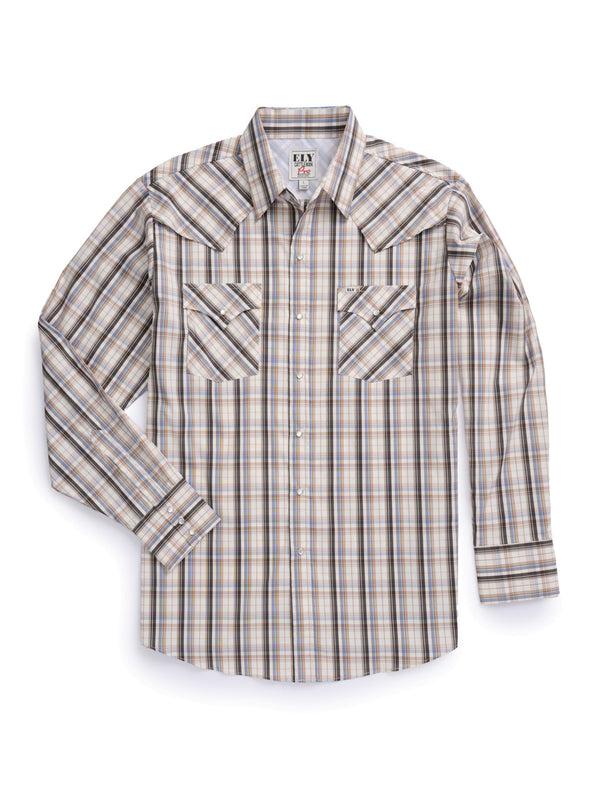 ely cattleman Men's Ely Cattleman Pro Long Sleeve Stretch Vented Western Shirt- Tan Plaid