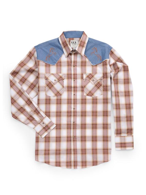 ely cattleman Men's Ely Cattleman Retro Plaid Western Snap Shirt with Horse Embroidery