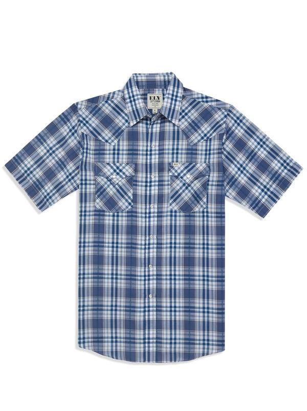 ely cattleman Men's Ely Cattleman Short Sleeve Aztec Plaid Western Snap Shirt- Blue & Red