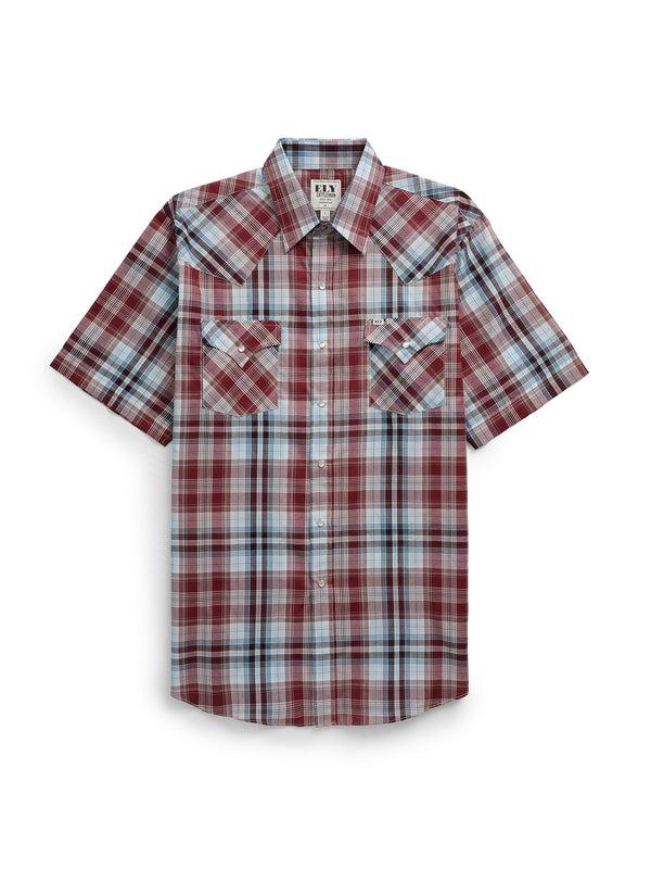 ely cattleman Men's Ely Cattleman Short Sleeve Burgundy Plaid Western Snap Shirt