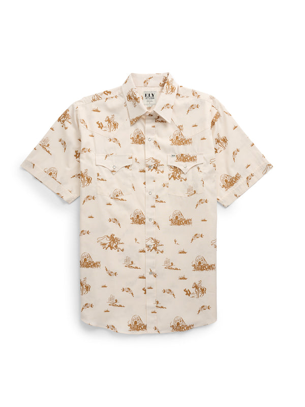 Ely Cattleman Men's Ely Cattleman Short Sleeve Cowboy Print Western Snap Shirt- Spice & Ecru
