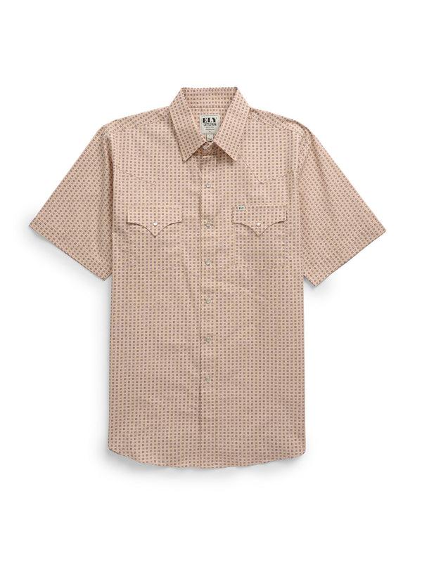 Ely Cattleman Men's Ely Cattleman Short Sleeve Geo Print Western Snap Shirt- Tan & White