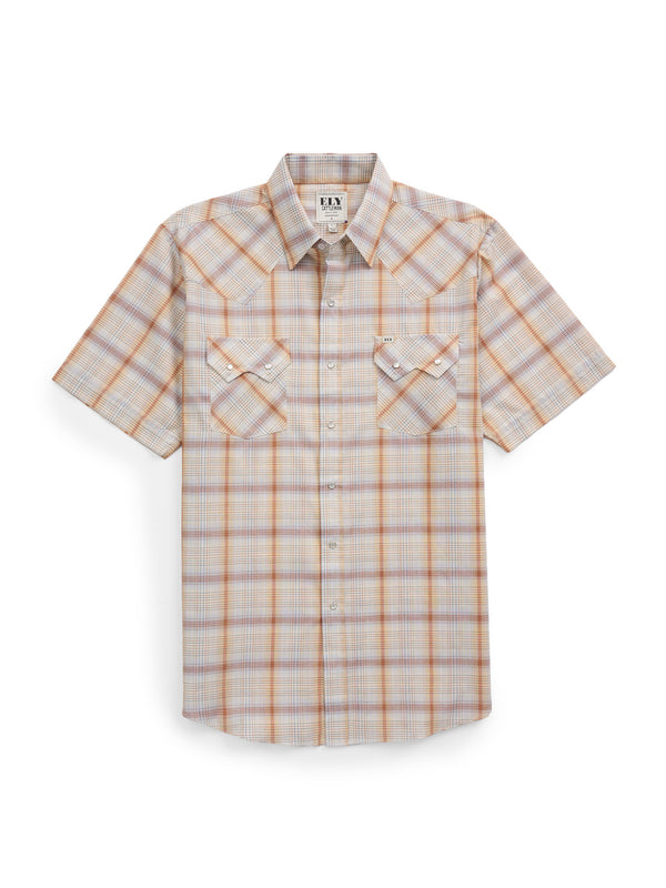 Ely Cattleman Men's Ely Cattleman Short Sleeve Plaid Western Snap Shirt- Light Blue & Rust