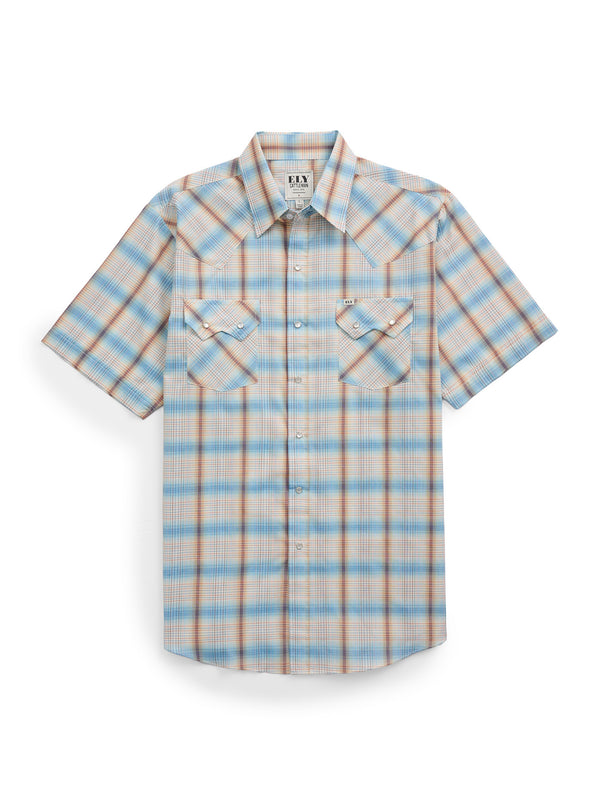 ely cattleman Men's Ely Cattleman Short Sleeve Plaid Western Snap Shirt- Light Blue & Rust