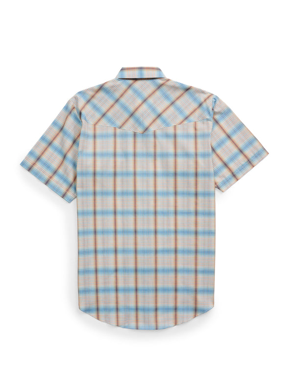 Ely Cattleman Men's Ely Cattleman Short Sleeve Plaid Western Snap Shirt- Light Blue & Rust