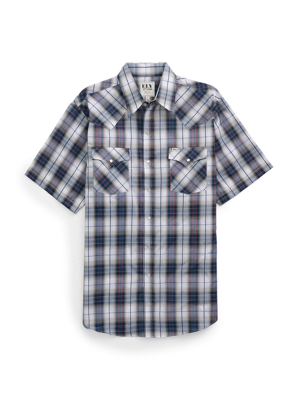 Ely Cattleman Men's Ely Cattleman Short Sleeve Plaid Western Snap Shirt- Burgundy & Navy