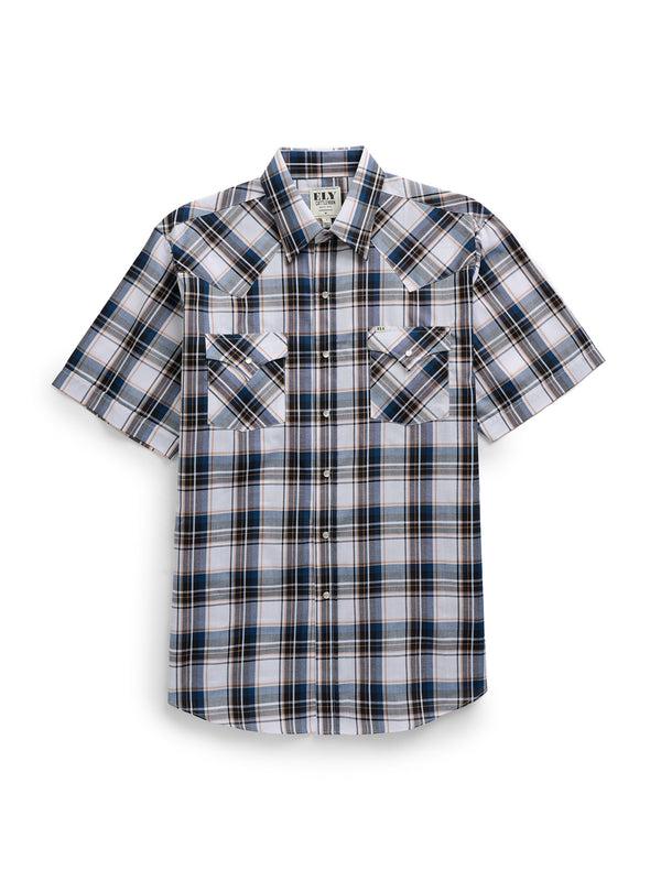 Ely Cattleman Men's Ely Cattleman Short Sleeve Plaid Western Snap Shirt- Ecru & Navy