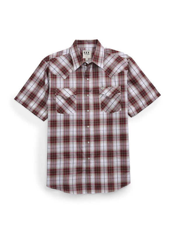 ely cattleman Men's Ely Cattleman Short Sleeve Plaid Western Snap Shirt- Burgundy & Navy