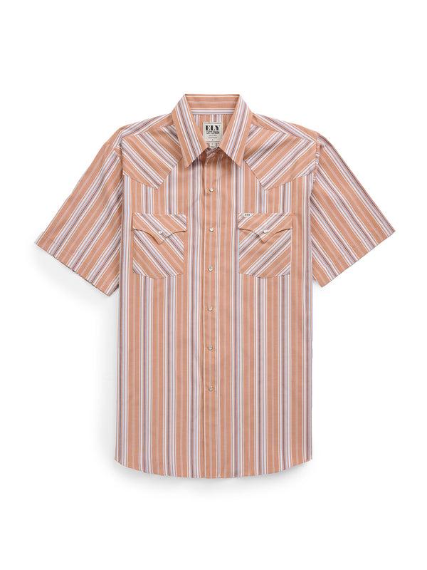 ely cattleman Men's Ely Cattleman Short Sleeve Stripe Western Snap Shirt- Rust & Chambray Blue