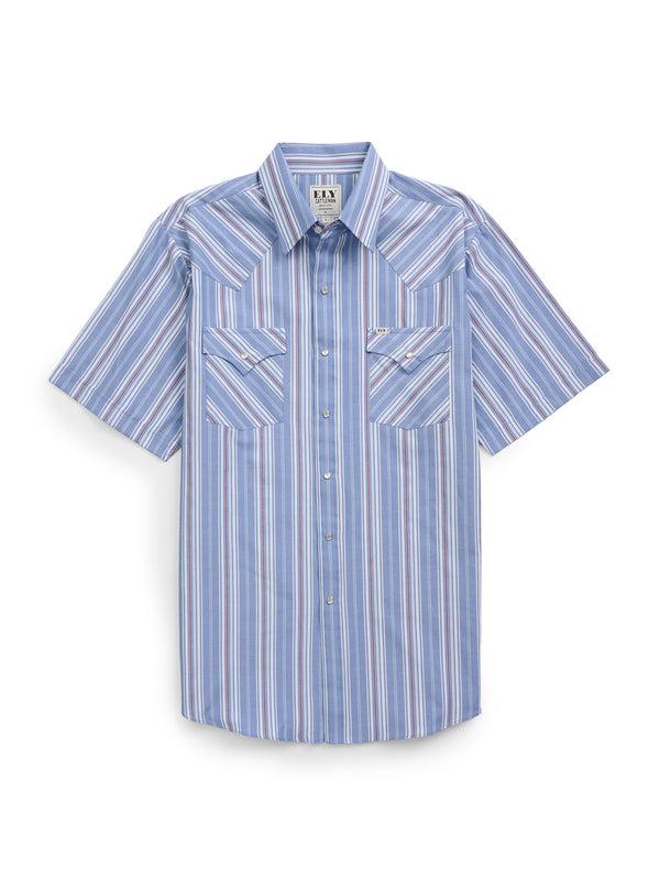 Ely Cattleman Men's Ely Cattleman Short Sleeve Stripe Western Snap Shirt- Rust & Chambray Blue