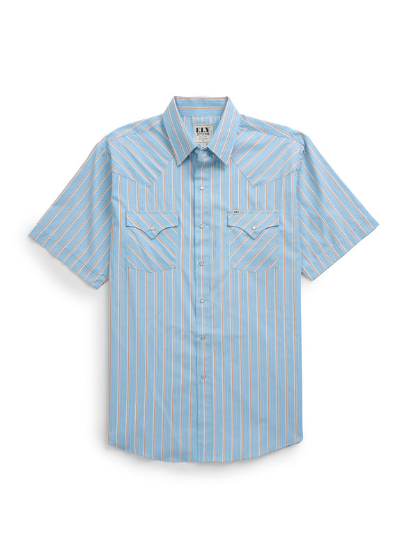 ely cattleman Men's Ely Cattleman Short Sleeve Stripe Western Snap Shirt- Blue & Tan