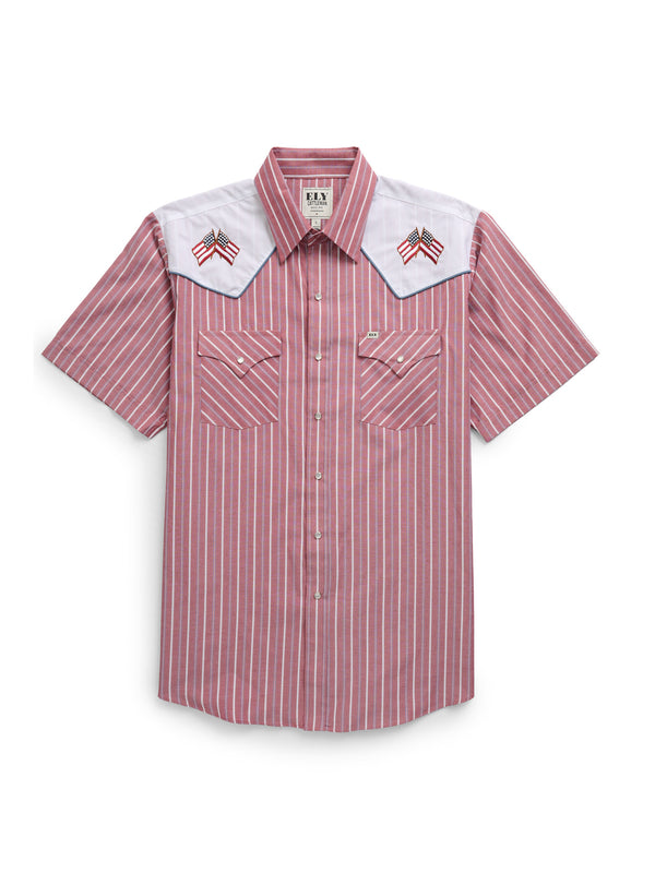 ely cattleman Men's Ely Cattleman Short Sleeve Stripe with Flag Embroidery Western Snap Shirt