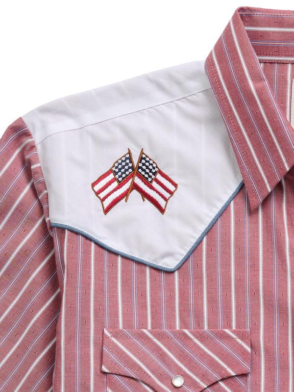 Ely Cattleman Men's Ely Cattleman Short Sleeve Stripe With Flag Embroidery Western Snap Shirt